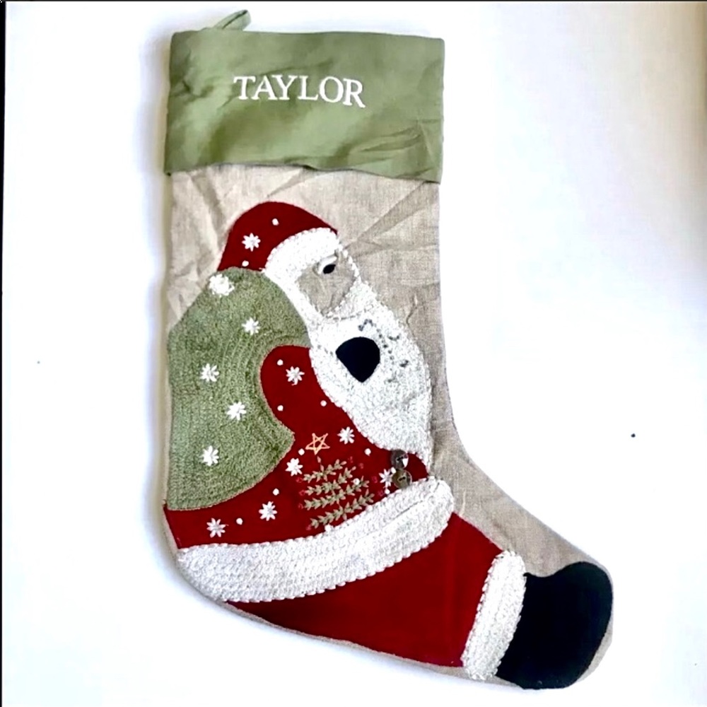🎄Pottery Barn Crewel Embroidered Santa Stocking